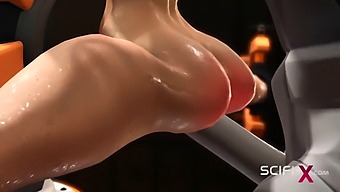 丰满的金发女郎在科幻实验室里与机器人进行极端的性活动